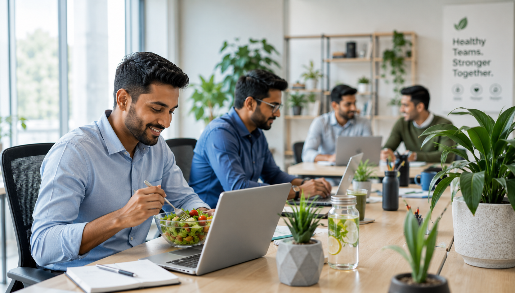 Workplace wellness — employees eating healthy and staying active together